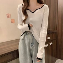 大码针织衫女秋季2025年新款撞色长袖T恤方领打底衫内搭显瘦上衣
