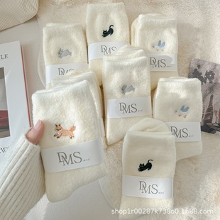 White Socks Women's Autumn and Winter Thickened Warm Mid-tube Socks Cute Embroidered Cartoon Animal Japanese Floor Moon Socks