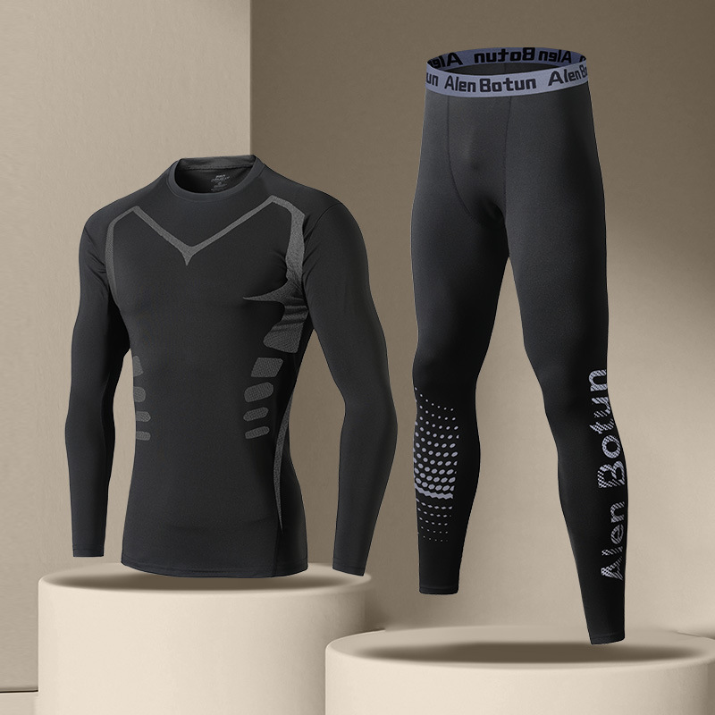 「速乾レオタードセット男性冬ランニングフィットネス訓練服秋冬スポーツ保温下着高弾打底|undefined