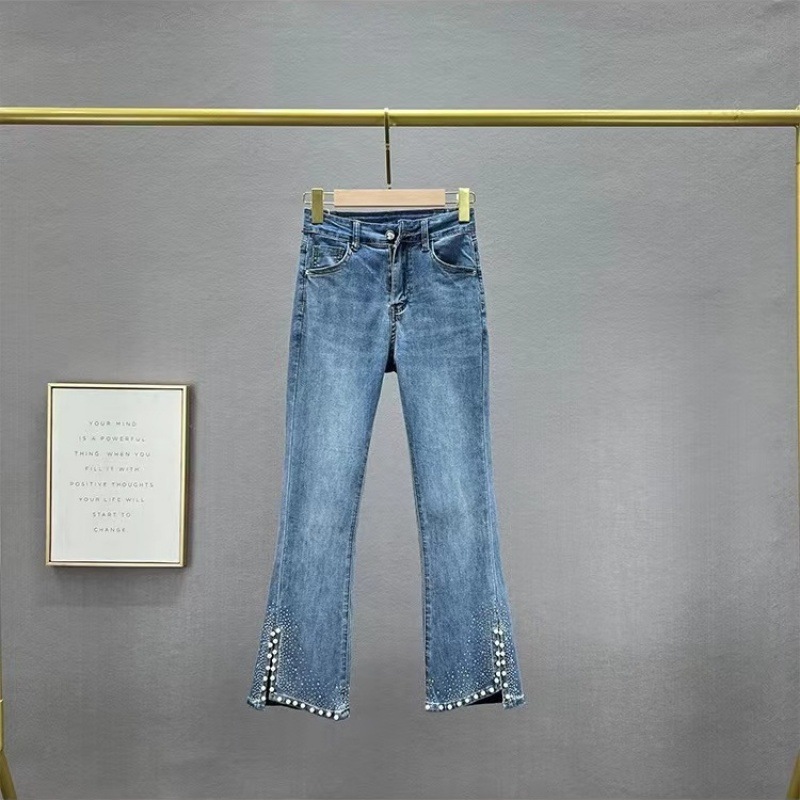 Rhinestone Flared Jeans – High-Waisted Stretch Denim With Side Slits & Embellished Hem (S-3XL, Light Wash)_voghion.com
