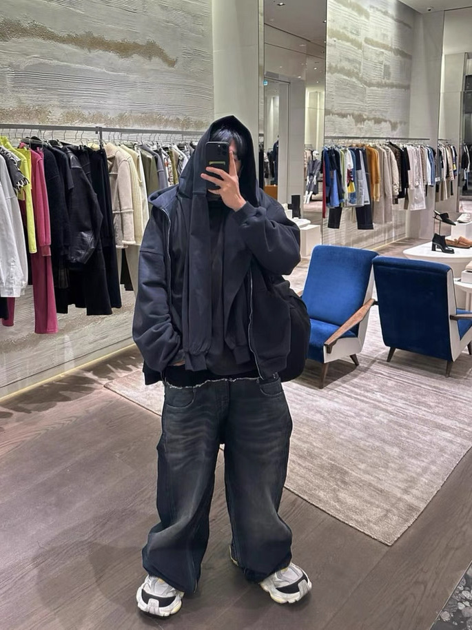 Alta carga 25ss nuevo estilo de resina de la industria pesada más barro teñido arrugado bigote de gato pierna ancha negro azul costuras pantalones de mezclilla para hombres y mujeres marea