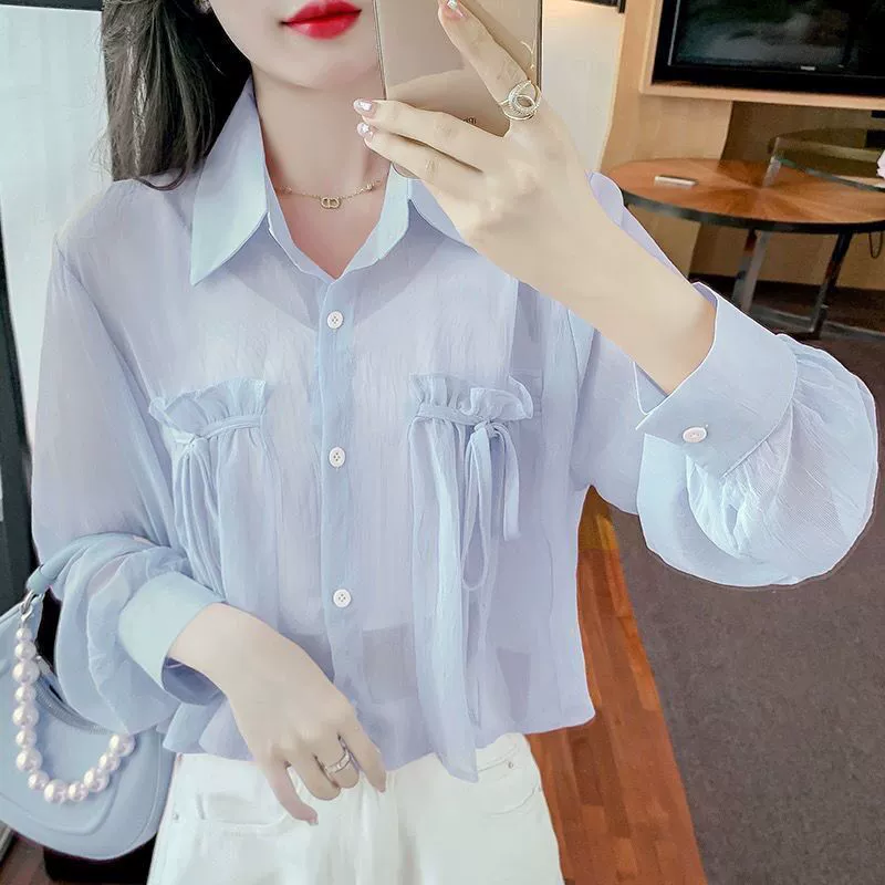 Летний тонкий солнцезащитный крем рубашка женский 2024 модный кардиган рубашка бант рубашка короткий топ тонкое пальто женский