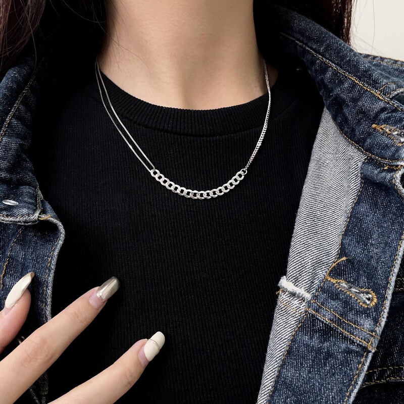 S925 Sterling Silver Japanese and Korean Stitching Asymmetric AB Necklace Plain Chain Tank Chain Advanced Seiko High Collar Woolen Chain