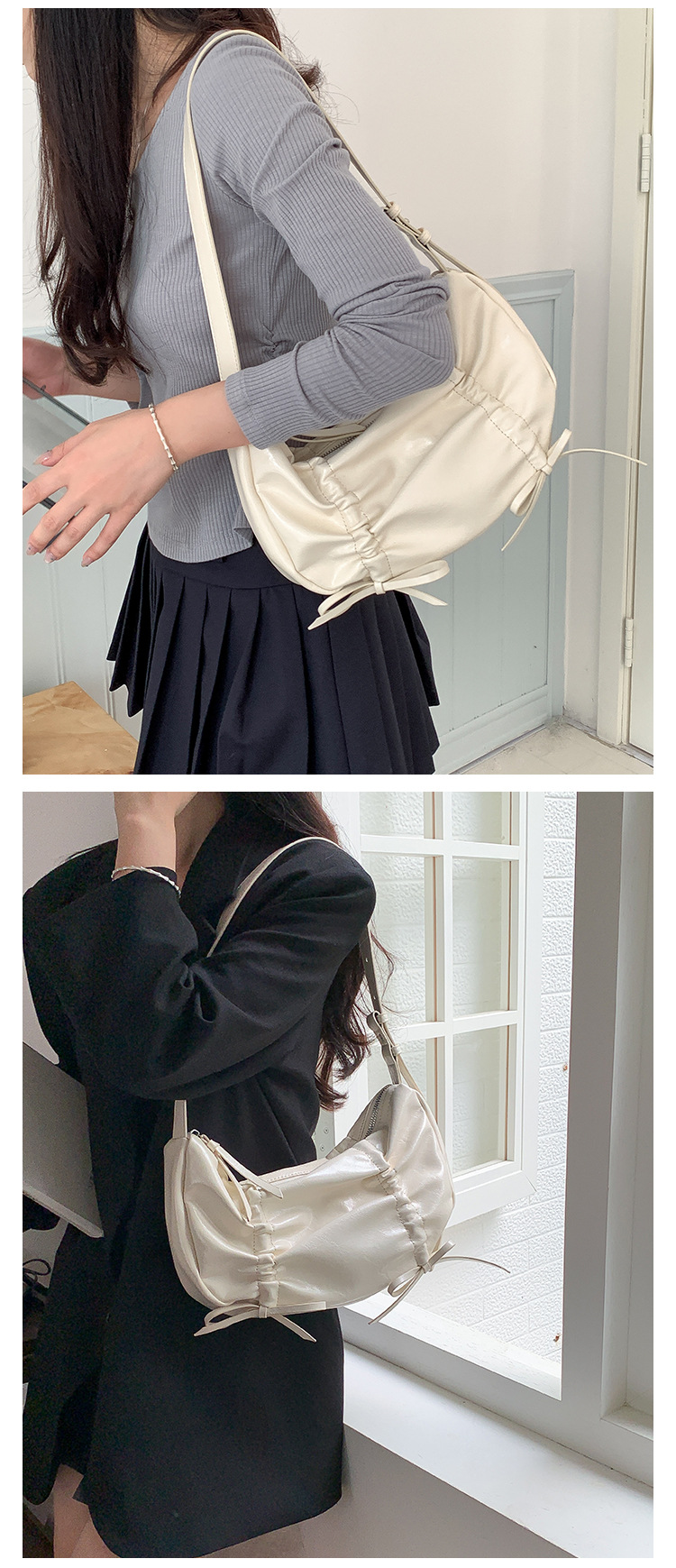 Versione coreana in morbida pelle plissettata 2024 nuovo fiocco tinta unita stile di nicchia alla moda spalla singola sotto le ascelle_voghion.com