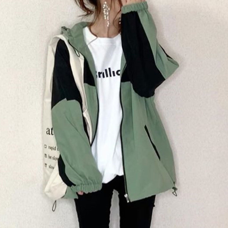 Amazon 2021 Spring and Autumn Long Sleeve Casual Coat Colorblock Loose Street Thin Short Top Hooded Cardigan Jacket