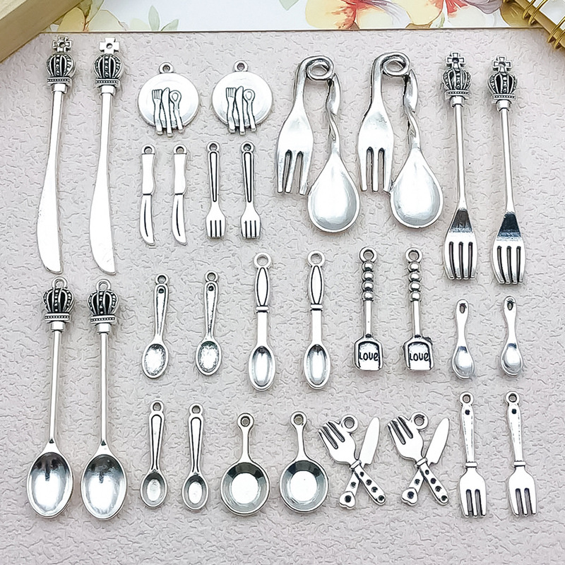 Retro Ancient Silver Spoon Fork Knife Tableware Series Pendant Jewelry Accessories DIY Necklace Keychain Bracelet Pendant