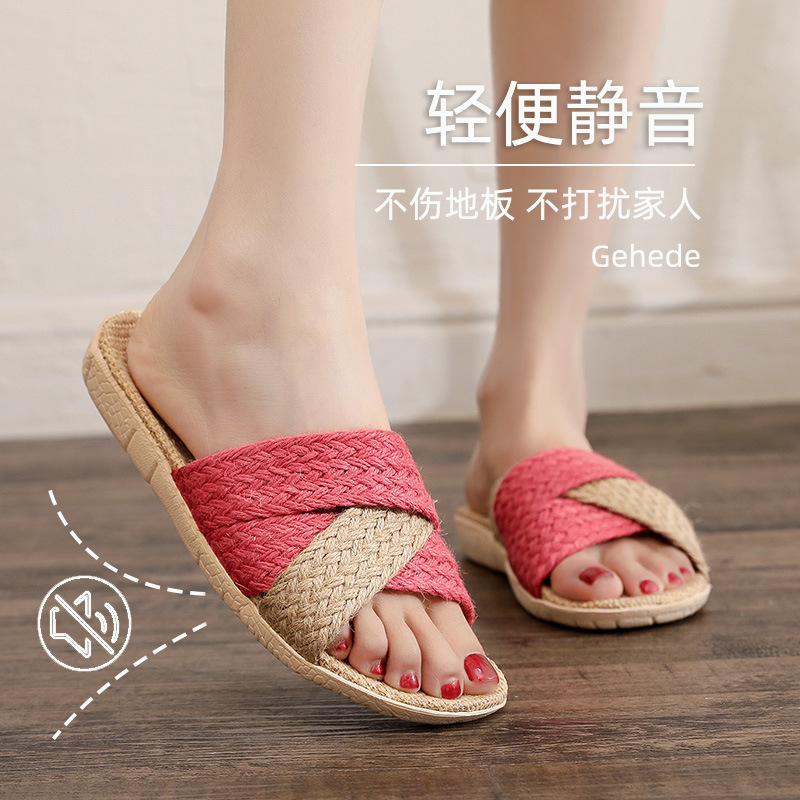 Linen Slippers Woven Straw Shoes Women's Pure Linen Straw Woven Japanese Home Four Seasons Mute Indoor Retro Men's Linen Cool Shoe