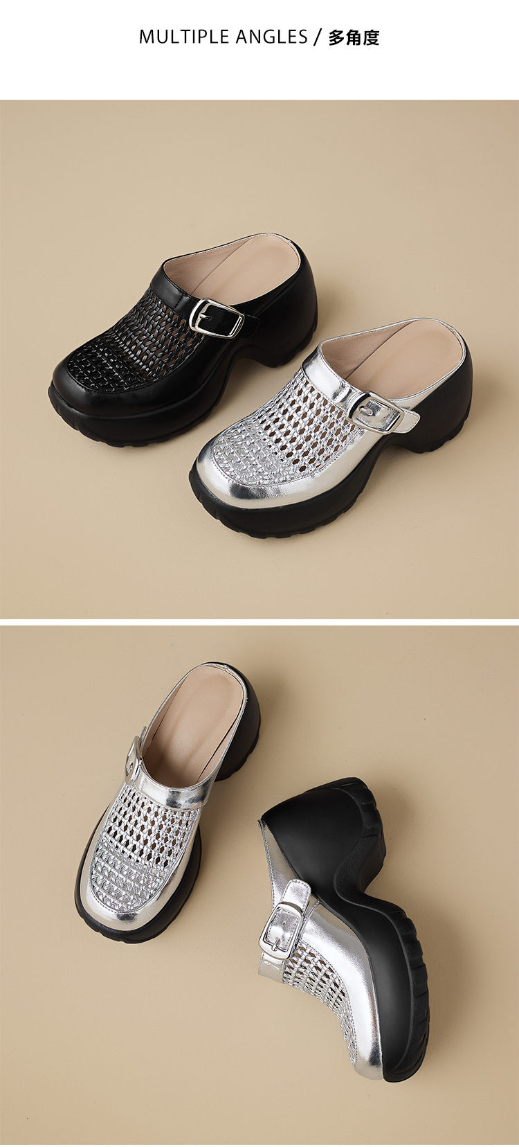 Dép sandal nữ quai chữ V đế dày mũi tròn phong cách Birkenstock — màu đen, bạc chi tiết 12
