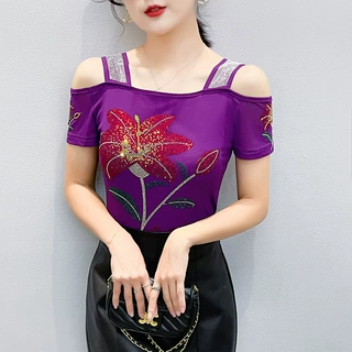 欧洲2026夏季新款重工镶钻双层冰丝网纱短袖时尚露肩美背小衫女潮
