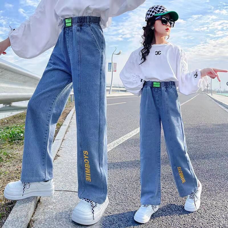 Girls' Jeans 2026 Spring and Autumn New Loose Stylish Long Pants for Older Children, Korean Version Straight Wide-Leg Pants for Girls, Trendy Girls' Jeans 2026 Spring and Autumn New Loose Stylish Long Pants for Older Children, Korean Version Straight Wide-Leg Pants for Girls, Trendy