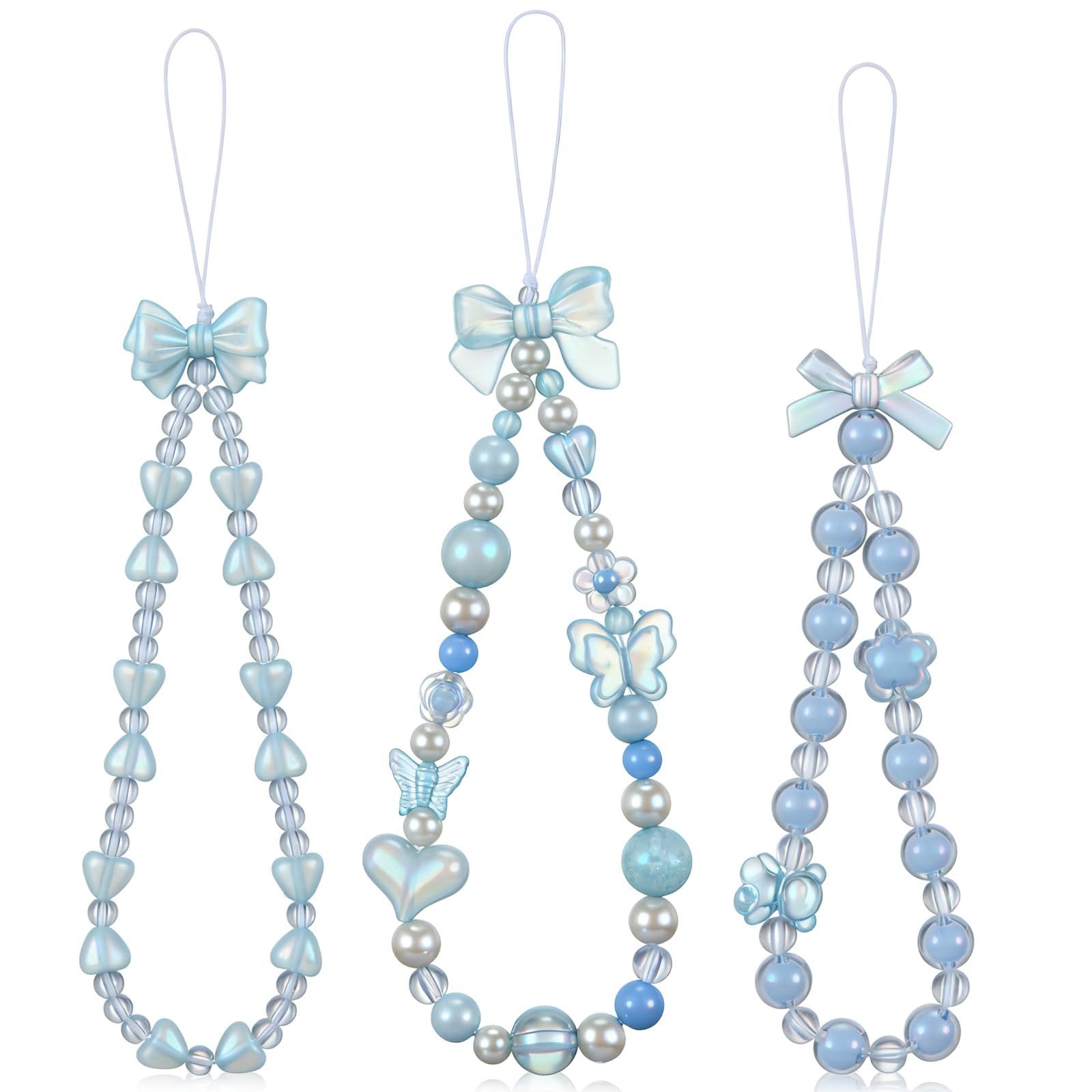 Handmade Beaded Mobile Phone Chain Acrylic Love Beaded Mobile Phone Chain Blue Pearl Bow Set Mobile Phone Chain