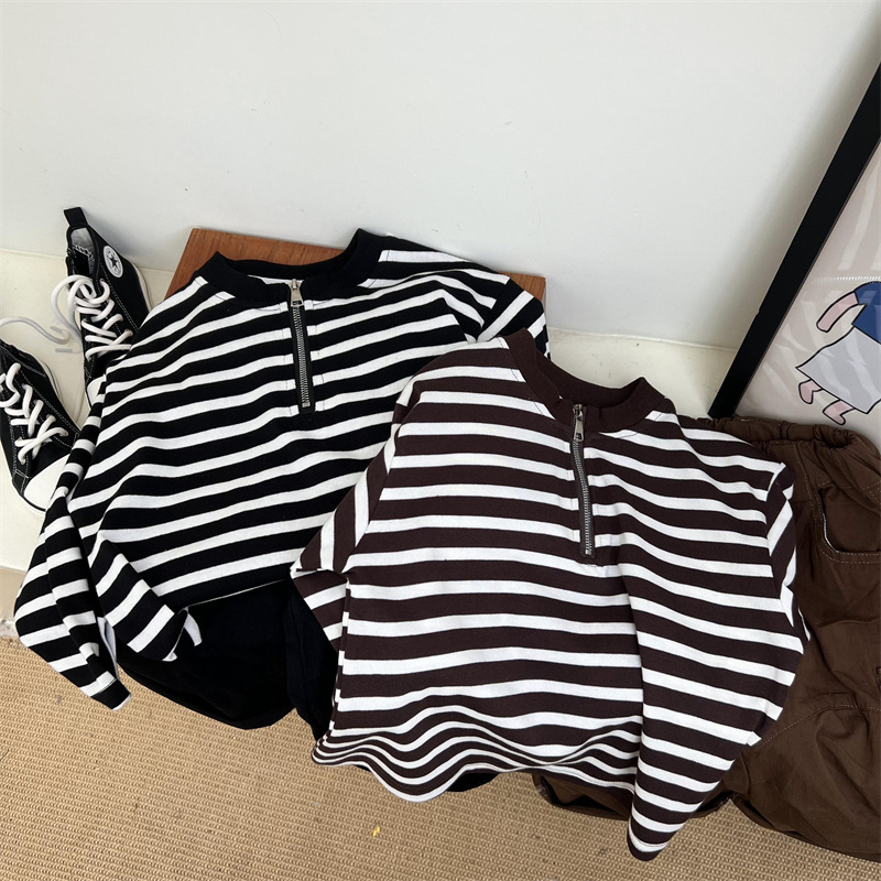 2024 Herbst Kinder American Half Zipper Striped Hoodie für Jungen und Mädchen, Loose Bottom Cotton Langarm Trendy_voghion.com