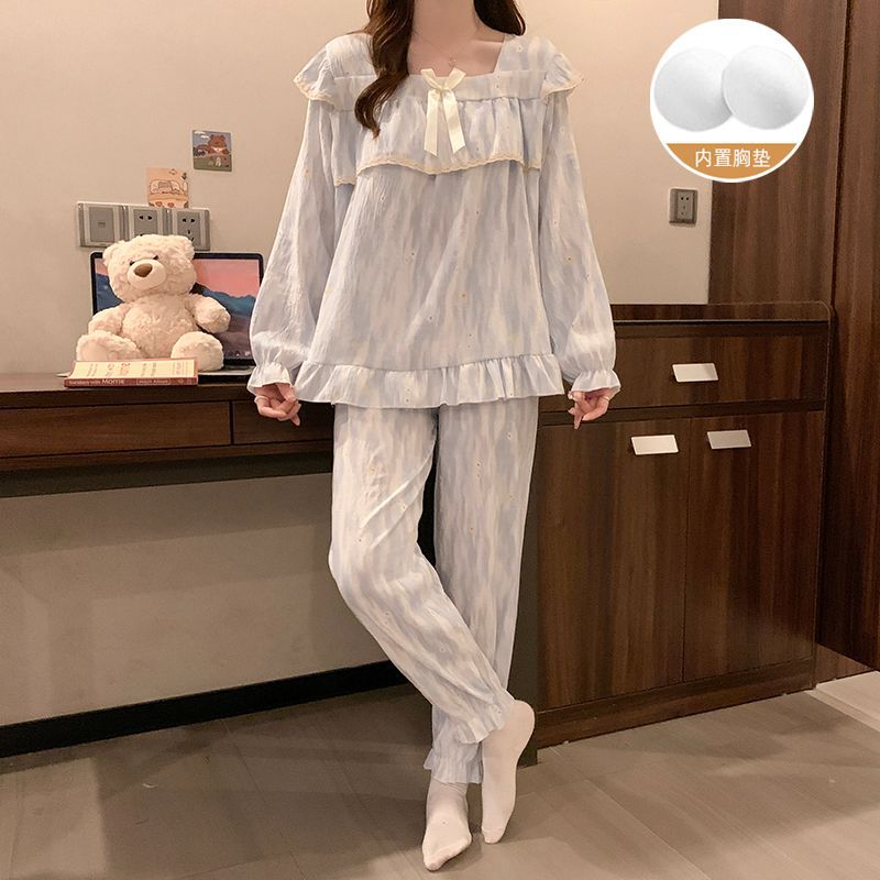 Al por mayor transfronterizo primavera y otoño nuevo pijama de mujer cinturón de pecho tejido nubes algodón manga larga dulce princesa ropa de estilo casero cubierta