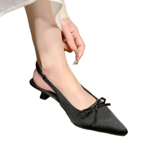 2025 Spring and Autumn French Chic Elegant Satin High Heels for Women, Brown Pointed Toe Open Toe with Bow Detail