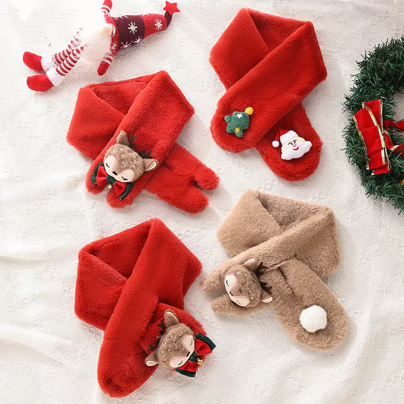 儿童围巾发秋冬季圣诞老人礼物麋鹿红色喜庆交叉保暖卡通宝宝围脖