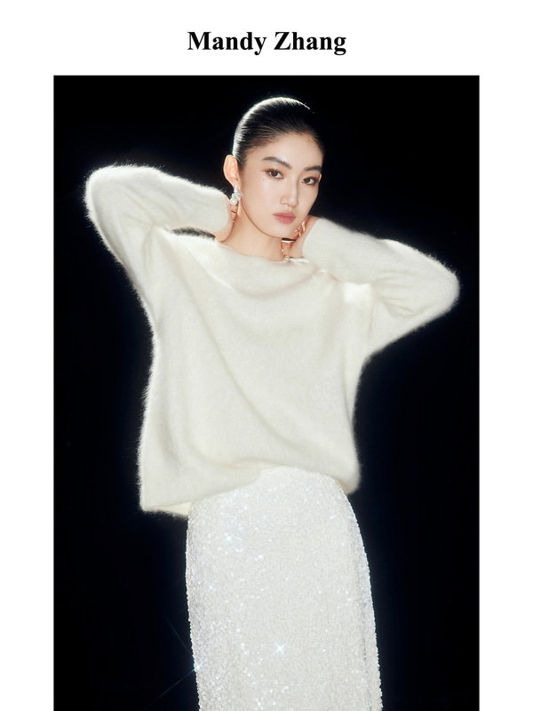 MandyZhang极简风软糯羊毛羊绒白色针织衫女冬季慵懒圆领套头毛衣|undefined