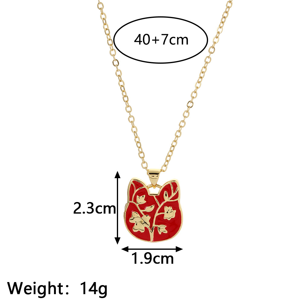 Retro Cat Flower Copper Pendant Necklace Enamel Copper Necklaces