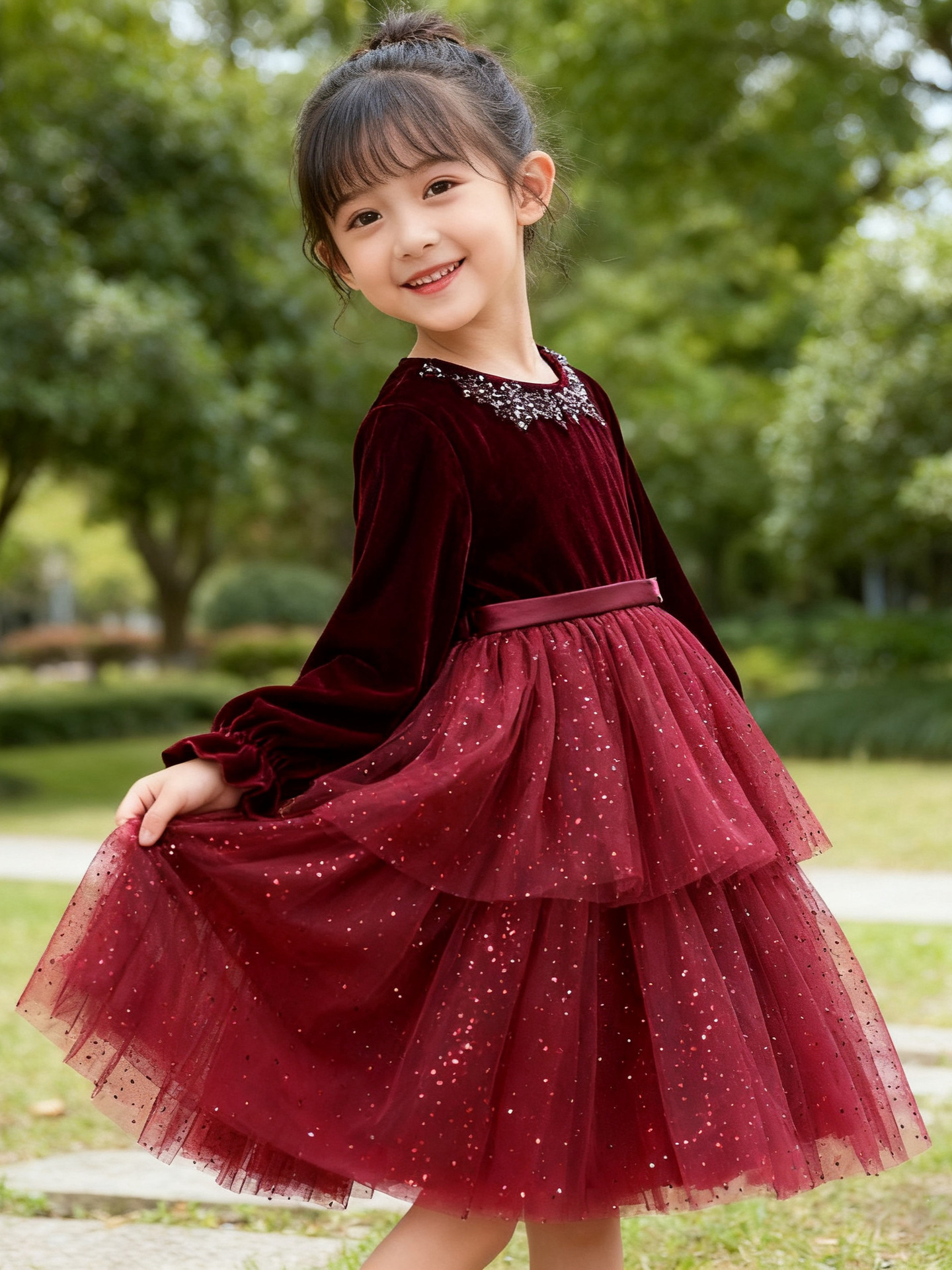 Otoño y invierno nuevo vestido de niña transfronterizo venta rápida explosiva coreano veludo espectáculo de cumpleaños vestido corto de princesa