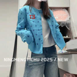 港风chic蓝色波点字母长袖针织开衫女秋设计感百搭甜酷风上衣潮