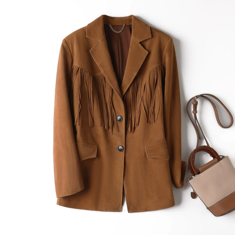 Куртка из натуральной кожи 3150-1, весенне-осенняя модная новинка в гонконгском стиле, стильный свободный пиджак из замши из козьей кожи с хлопковыми кисточками.