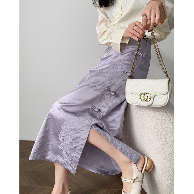 新中式国风提花紫色半身裙女春季高腰a字半裙小个子开叉包臀裙子