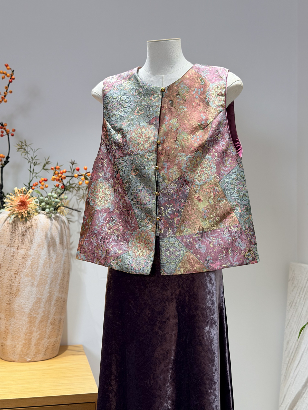 Qadın naxışlı jilet, retro Çin üslubu, payız üçün