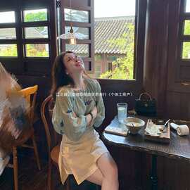 巨好看的早秋一整套大码胖韩系感灯笼袖刺绣衬衫裙裤套装女