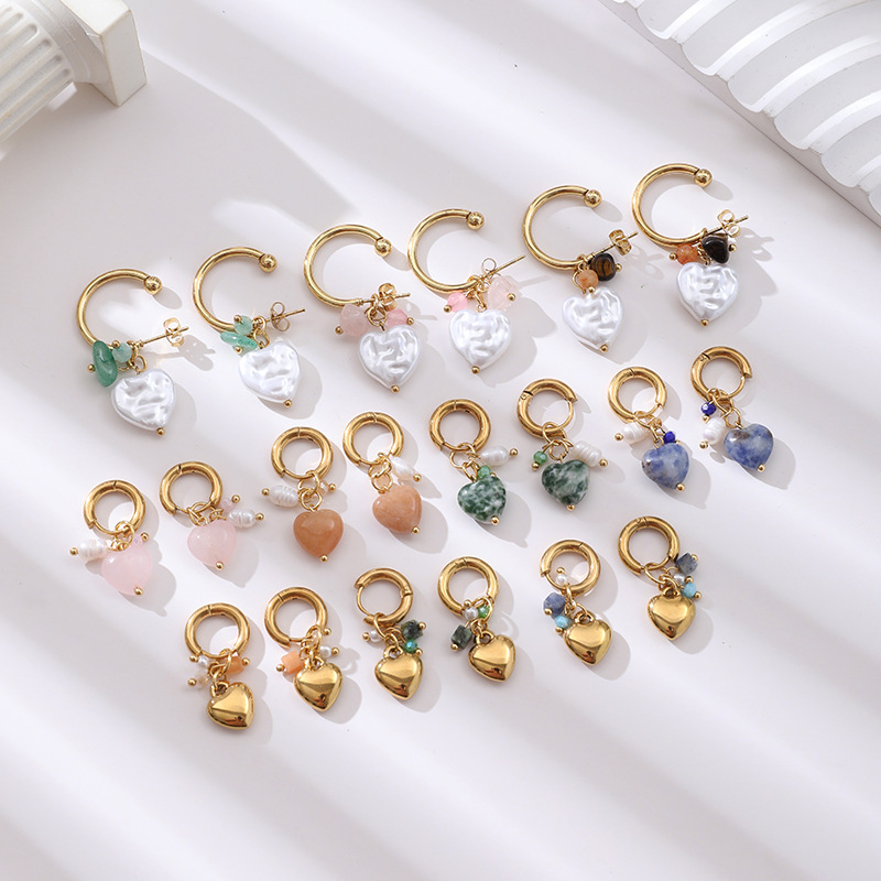 Cross-border vintage natural stone earrings, colorful crushed stone, natural pearl, heart-shaped round French-style hoop earrings for women, stainless steel earrings