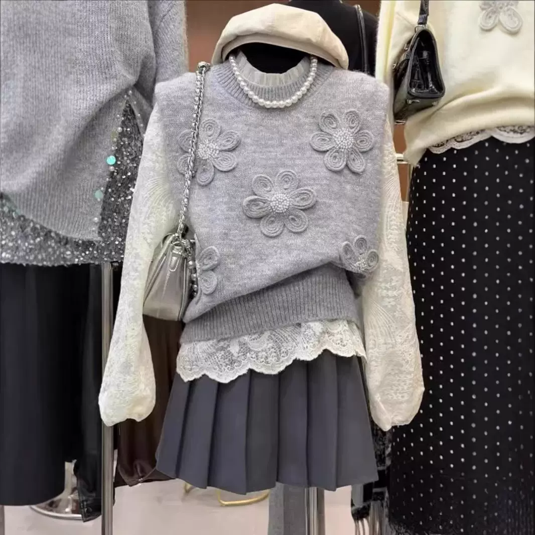 2025新款立体花朵毛衣马甲女搭配蕾丝衬衫洋气今年流行的漂亮针织