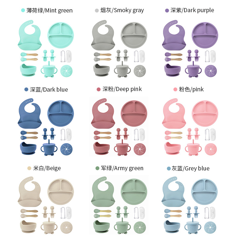 Vajilla de silicona para niños Juego de diez piezas Placa de comedor dividida Vajilla para bebés Cuenco de alimentos suplementarios Cuchara de silicona Tenedor Vajilla de alimentación para bebés