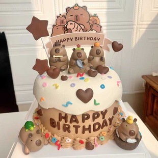 Trendy Kapibara Bathing and Fishing Birthday Cake Decoration Plug-In Cartoon Little Puffer Mole Rat Baking Decoration