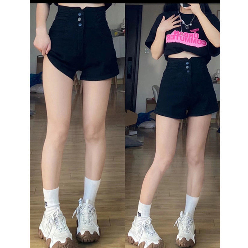 블랙 플러스 사이즈 슬림 룩 높은 허리 데님 반바지 여자 2024 여름 불규칙한 디자인 감각 A-워드