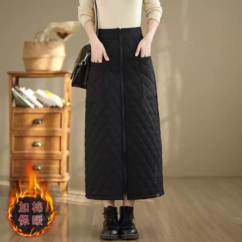 Зимняя хлопчатобумажная юбка Юбка с высокой талией и большим размером более длинное ветровое тепло пуховая юбка из хлопка слово толстая длинная юбка на молнии