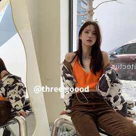 跨境时尚高级感复古风羽绒服外套女个性高街街头风咖白牛奶纹上衣