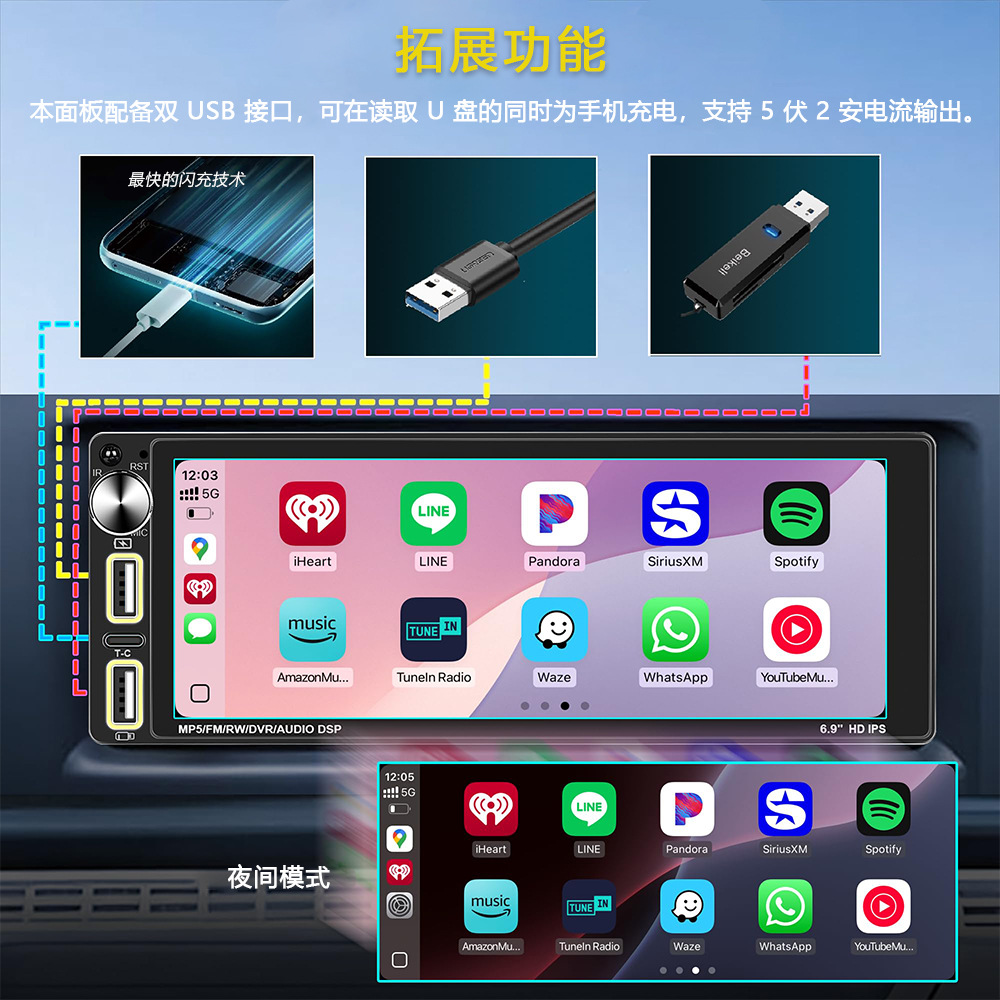 6.9inch Single-Spindle Wireless Carplay Bluetooth Fm Mobile Phone Connection Reversing Image Car Mp5 Player