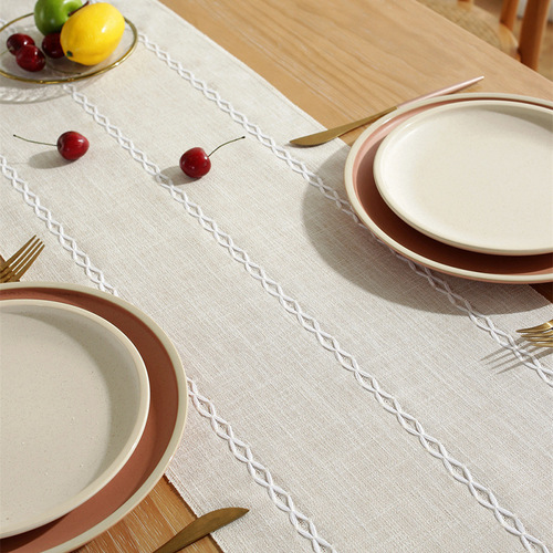 Nordic simple striped solid color table flag cotton and linen fabric handmade tassel coffee table cloth table mat home long tablecloth