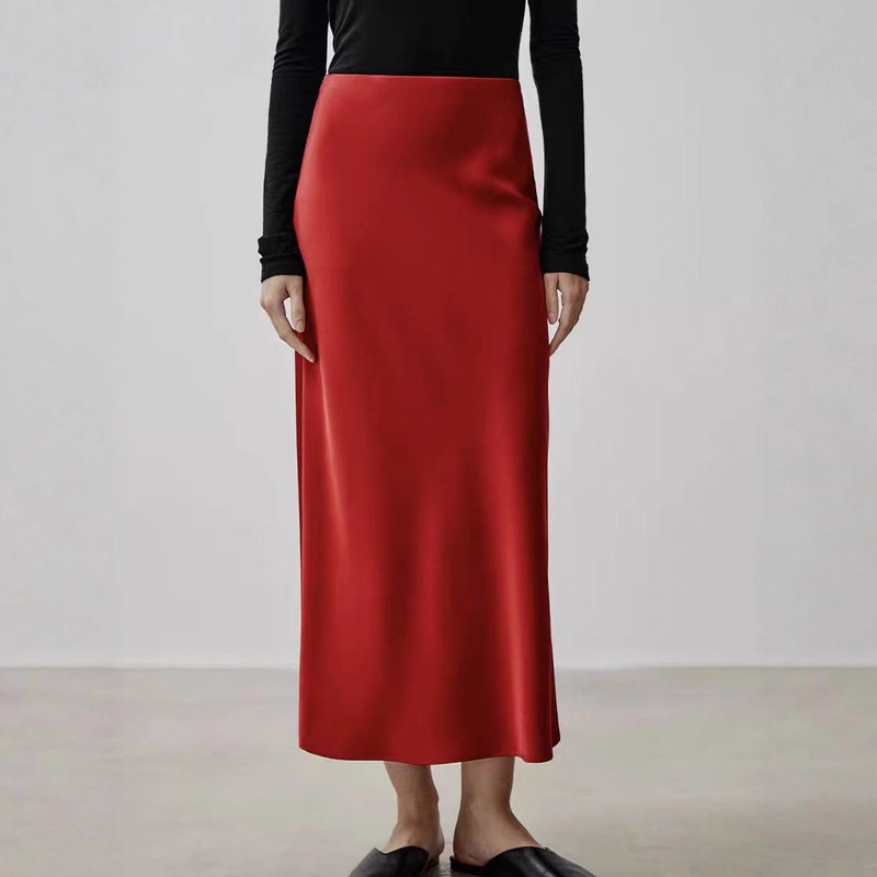 Ace Store's Best-Selling Japanese Imported Triacetate Double-Sided Satin Glossy Bias-Cut Mid-Length Skirt for Women with A-Line Elastic Waist