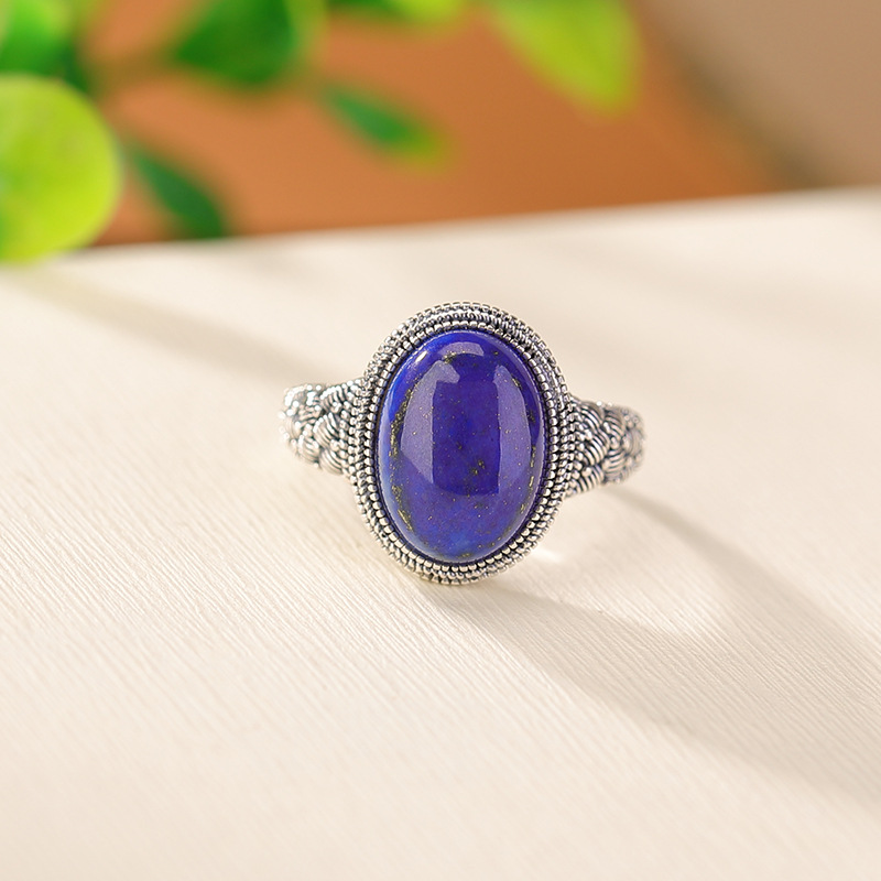 Nhẫn bạc S925 mặt trứng phong cách retro dân tộc đính đá Lapis Lazuli — Mở một size
