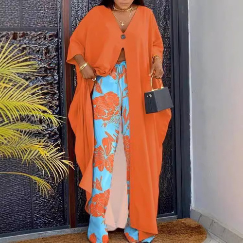 European and American cross-border women's clothing Amazon AliExpress fashion printed V-neck loose seven-quarter sleeve long shirt drawstring pants suit 