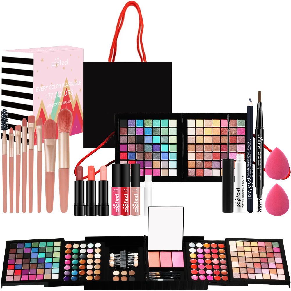 El set POPFEEL incluye una paleta de sombras de ojos de 177 colores, colorete, brillo labial y contorno, viene con brochas, ideal para principiantes y versátil.
