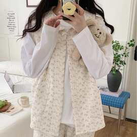 韩国ins女士秋冬新款韩版夹丝棉小碎花娃娃领马甲套装家居服睡衣