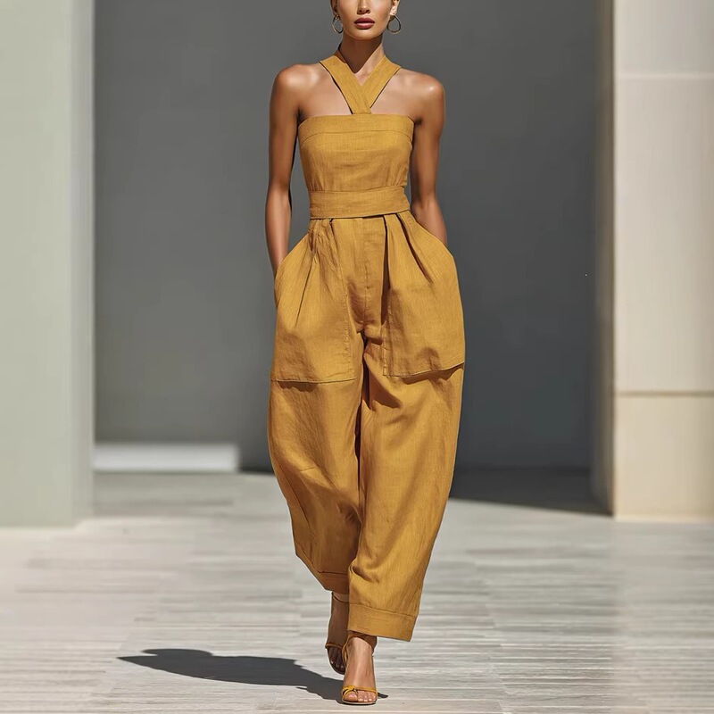 2026 Amazon Independent Site New Style Linen Blend Cross-Over Halter Neck Loose-Fitting Women's Jumpsuit 2026 Amazon Independent Site New Style Linen Blend Cross-Over Halter Neck Loose-Fitting Women's Jumpsuit
