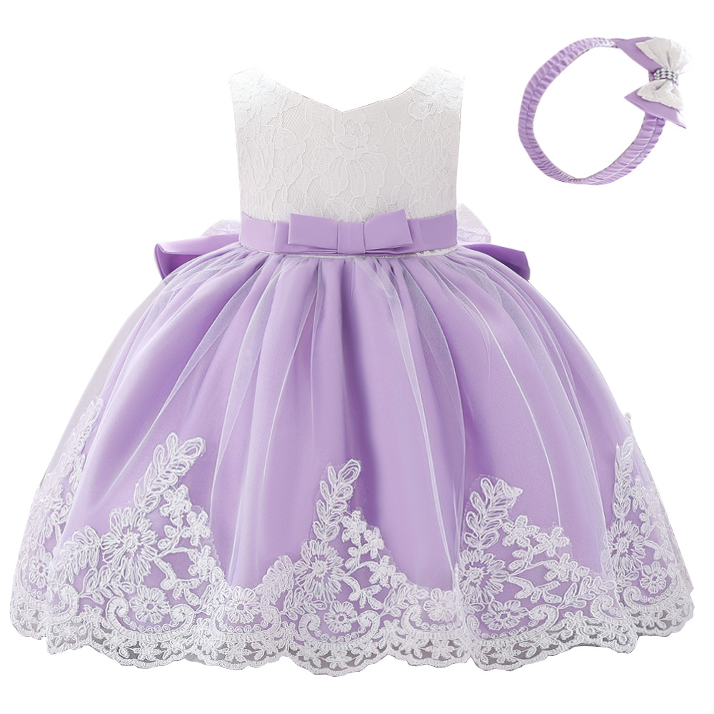 Vestido de bebé Amazon con lazo grande, vestido de novia de encaje, vestido de princesa, regalo para bebé de un año, diadema, superventas transfronterizo.