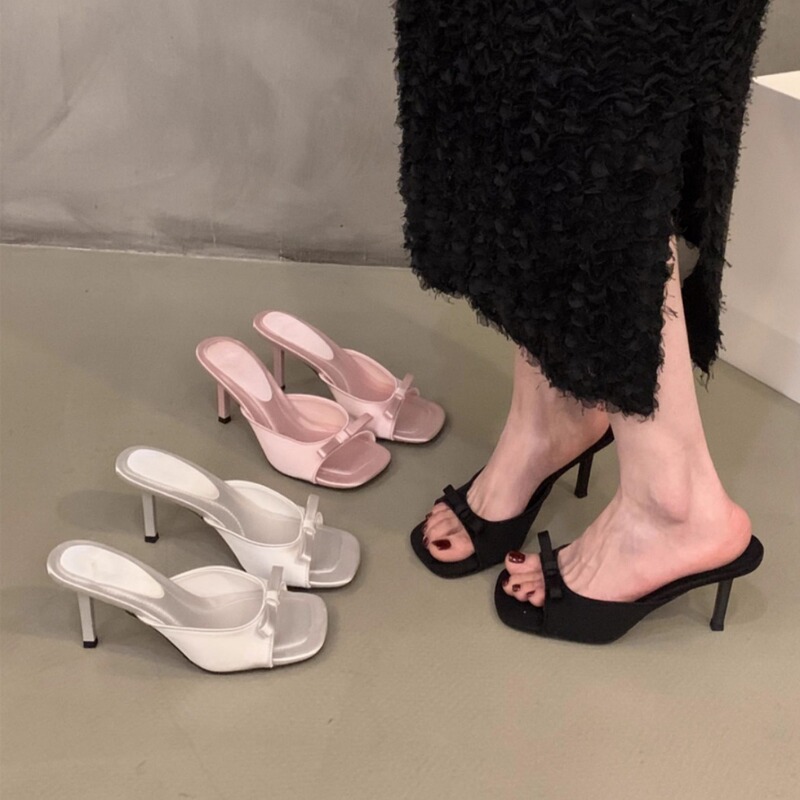 2024 Summer New Square Head Fairy Bow High Heel Slippers Thin Heel Strip Wear Sandals Women's Elegant