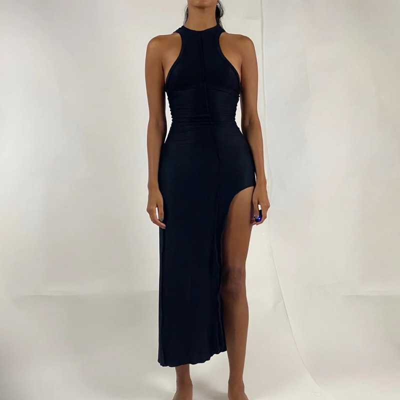 Solid Color Sleeveless Sexy Irregular Slit Mid-Length Dress NSJYF57981