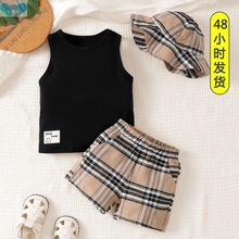 Baby three-piece set of sleeveless undershirt plaid shorts
