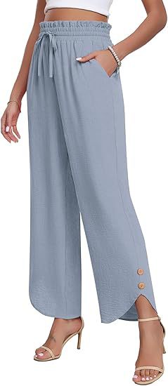 Women's High-Waisted Wide Leg Trousers Casual Drawstring Loose Business Style Adjustable Fit Bottoms_ecoleips.com
