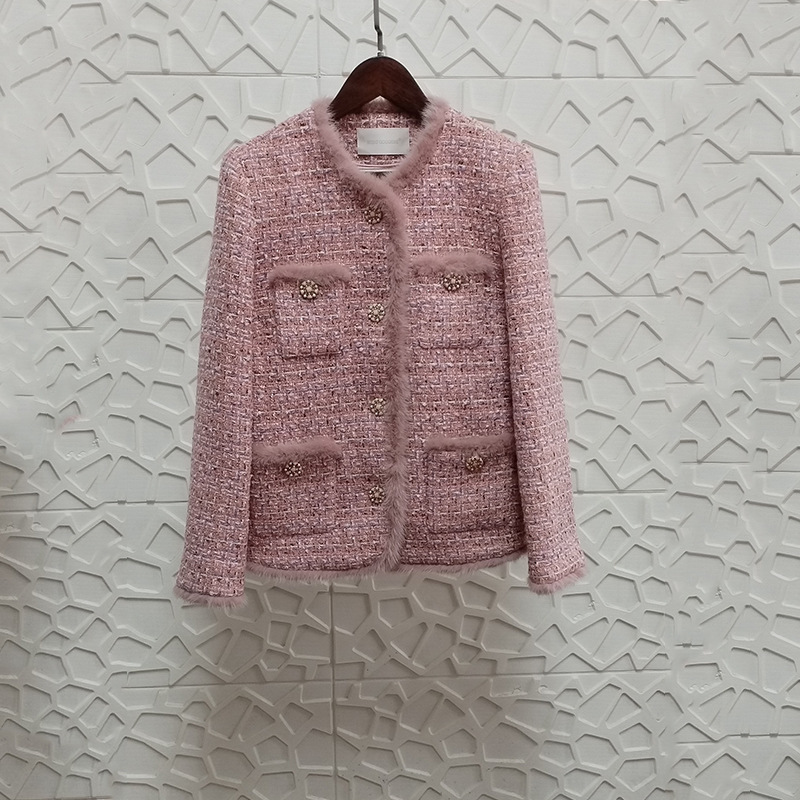2024 Autumn and Winter New Tweed Pink Top for Small Women Slim-fit Elegant Celebrity Style Chanel Style Coat for Women