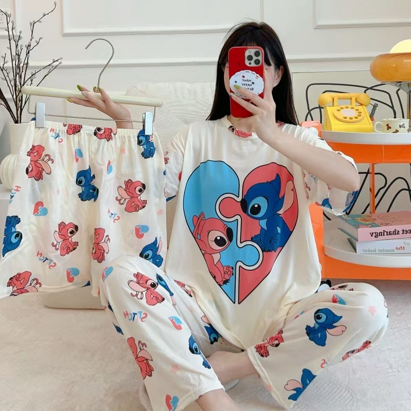 Pijamas de verano transfronterizos pijamas de leche de seda de tres piezas set de dibujos animados comercio exterior ropa para el hogar pantalones de mangas cortas lindos