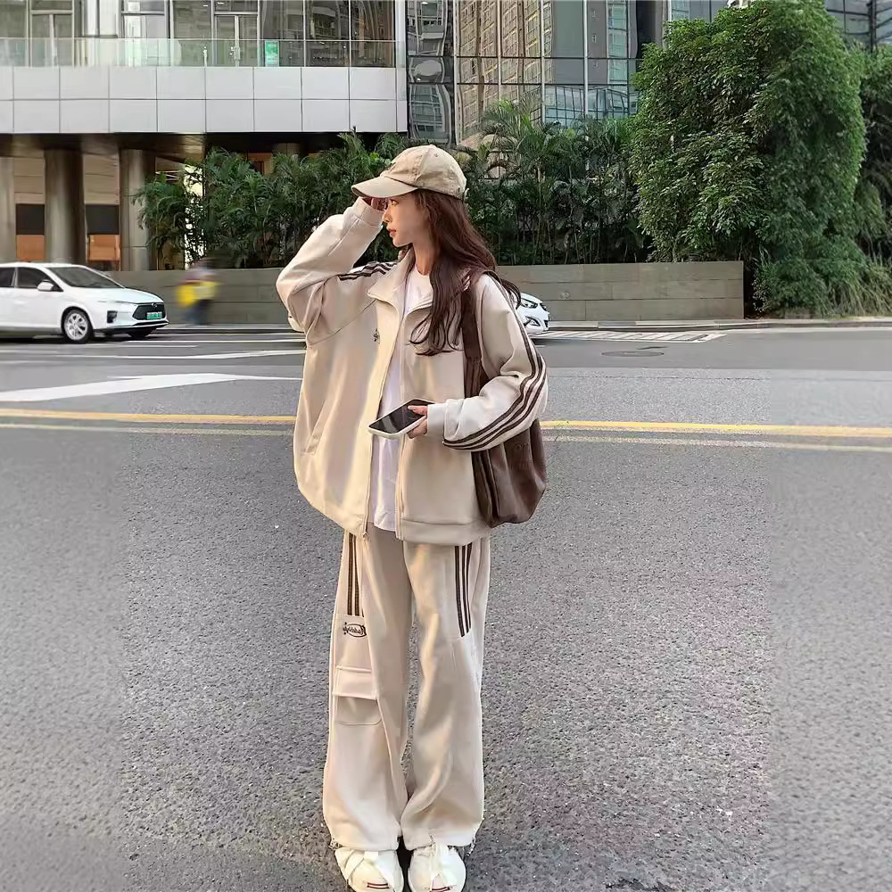 Korean-style Loose Slimming American-style Sweat Sports suit Women's Spring and Autumn Student Running Fashion Casual Two-piece Fashionable Set
